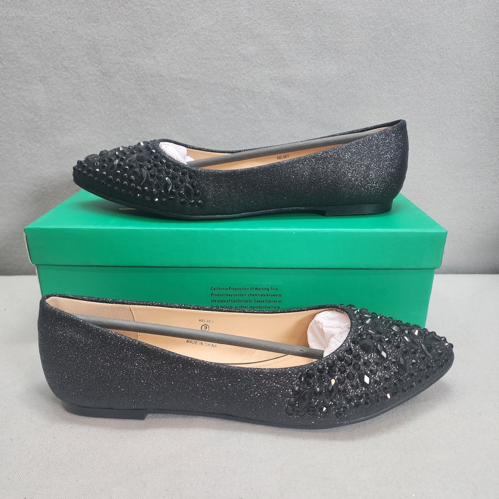 Lauren Lorraine Kelsey Black Glitter Flats Women's‎ Sz 9 NIB